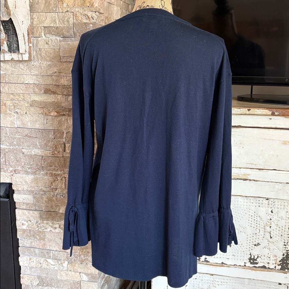J. Crew 100% merino wool navy blue v-neckline flare sleeve hi lo sweater - Picture 9 of 16